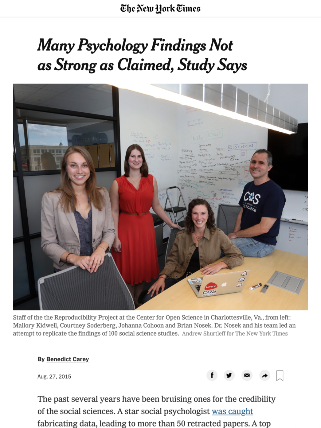 Screenshot of New York Times article, 'Many Psychology Findings Not as Strong as Claimed, Study Says' with photo of research team members (including Hannah Cohoon).